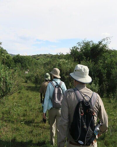 Two walkers with backpacks on a grassy highland trail